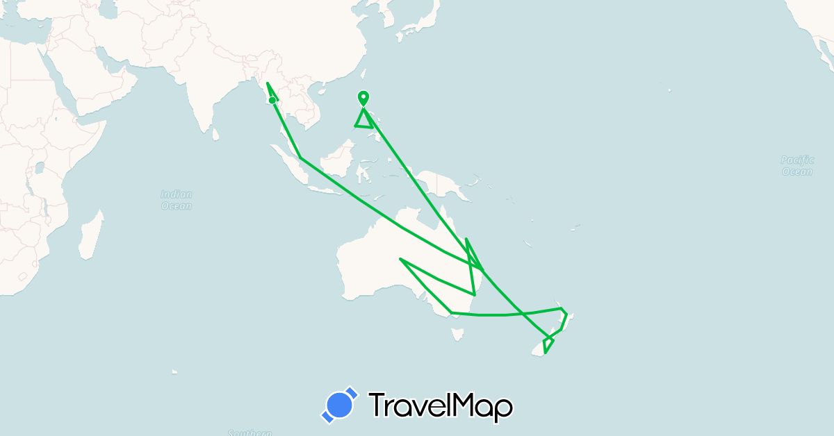 TravelMap itinerary: bus in Australia, Myanmar (Burma), New Zealand, Philippines, Singapore (Asia, Oceania)